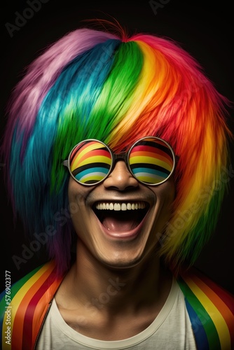 Beautiful Portrait of a Happy and Playful Asian Man Wearing a Vibrant Rainbow Wig and Oversized Glasses in Celebration of April Fool's Day like a Clown (generative AI