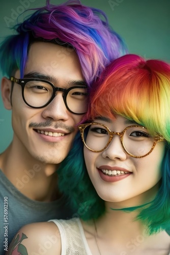 Beautiful Portrait of a Happy and Playful Asian Men and Women Wearing a Vibrant Rainbow Wig and Oversized Glasses in Celebration of April Fool's Day like a Clown (generative AI