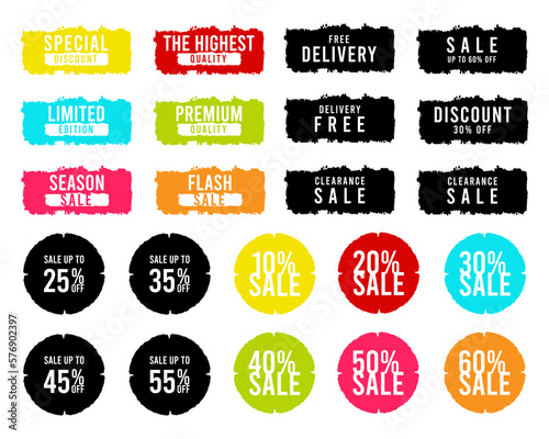 Brush sale banners, labels, tags and stickers.