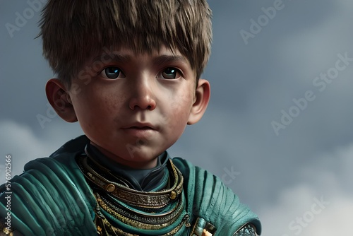 Boy in 3d style final fantasy game. Big, shiny eyes. Gray clouds background. Generative Ai photo