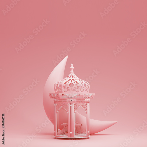 Islamic product display mock up on cream pastel background. Podium, crescent moon, lantern, gift box. Ramadan, eid fitr adha, mawlid concept, 3D rendering illustration.