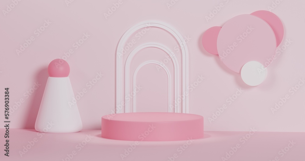 3d rendering of pink podium or pedestal with ornaments for product display