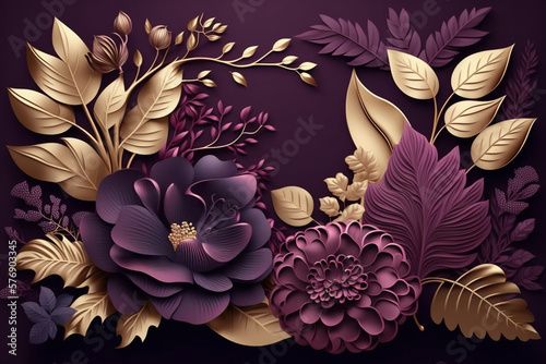 Wallpaper Mural 3d paper flowers and leaves ornate background in dark plum, violet and gold, floral botanical wallpaper. AI generated. Design for greeting card background, beauty products, fashion, template banner. Torontodigital.ca