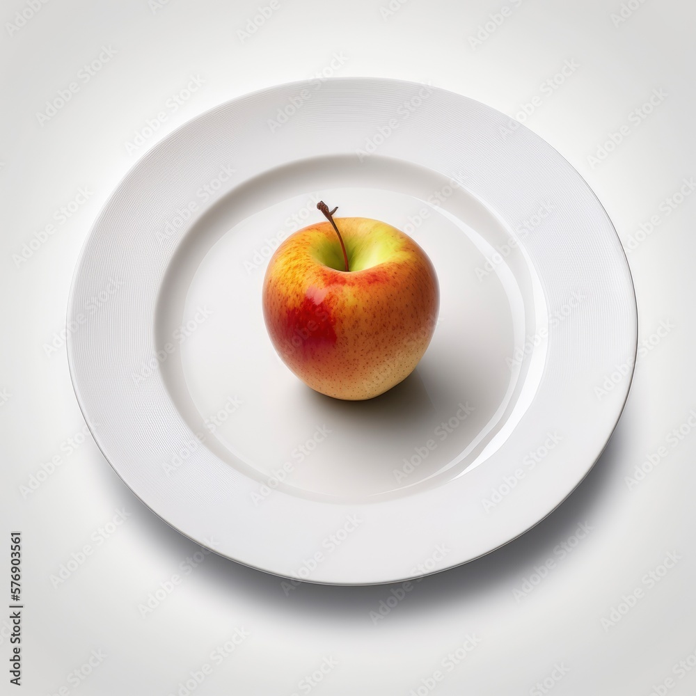 red apple on white plate, generative ai red apple on white plate, generative ai
