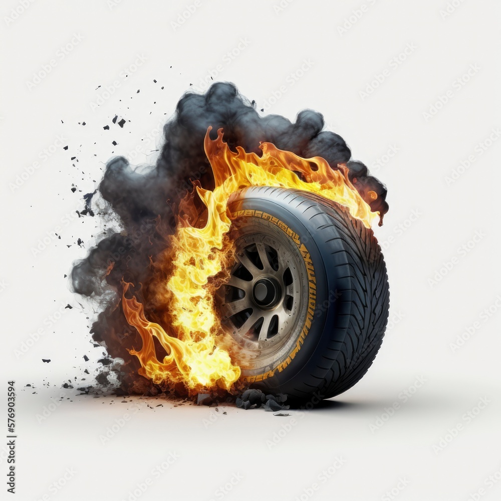 burning car wheel isolated on white background, flames and smoke, drift