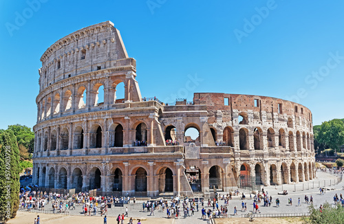 Scenic view of ruins of Colosseum also known as the Flavian Amphitheatre, Rome, Italy. It could hold up to 80.000 spectators.