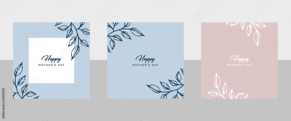 Happy Mother's Day vector greeting card set with beautiful flowers and hearts. Single line drawing of rose. Minimalist style illustration