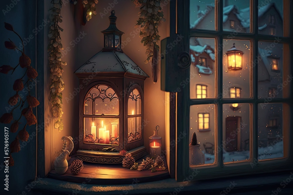christmas evening in house with light and christmas lanterns on window, created with generative ai