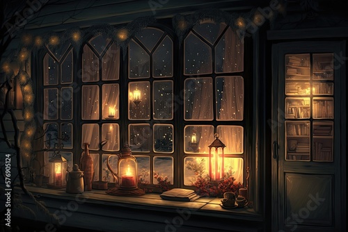 christmas evening in house with light and christmas lanterns on window  created with generative ai