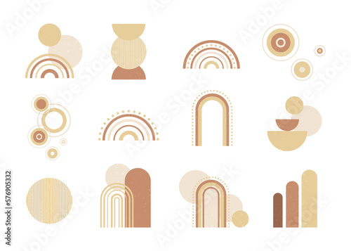 Set of boho style geometric, minimalistic design elements. Abstract shapes with texture. Modern aesthetic figures. Neutral wall decor, cover, print, card, branding designs.