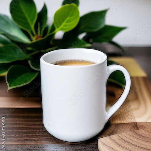 a white mug on top of a wooden table, Generative ai