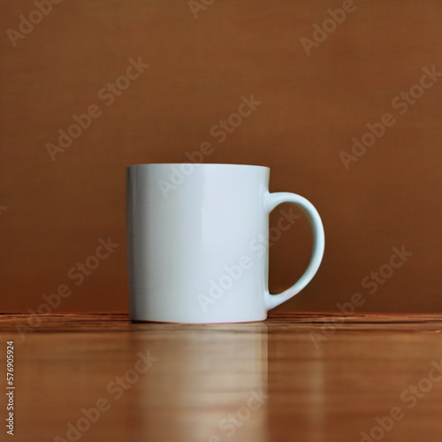 a white mug on top of a wooden table, Generative ai
