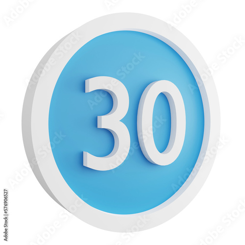 3D render 30 minimum speed limit sign icon isolated on transparent background  blue informative sign
