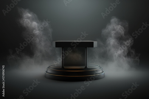 Realistic 3D podium with smoke and dark color for product display. Generative AI
