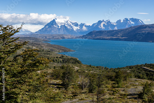 Lake Toro and snowy mountains of Torres del Paine National Park in Chile, Patagonia, South America