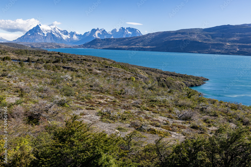 Lake Toro and snowy mountains of Torres del Paine National Park in Chile, Patagonia, South America Lake Toro and snowy mountains of Torres del Paine National Park in Chile, Patagonia, South America
