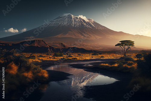 Sunset at mountain Kilimanjaro Tanzania and Kenya, travel summer holiday vacation idea concept, image ai generate