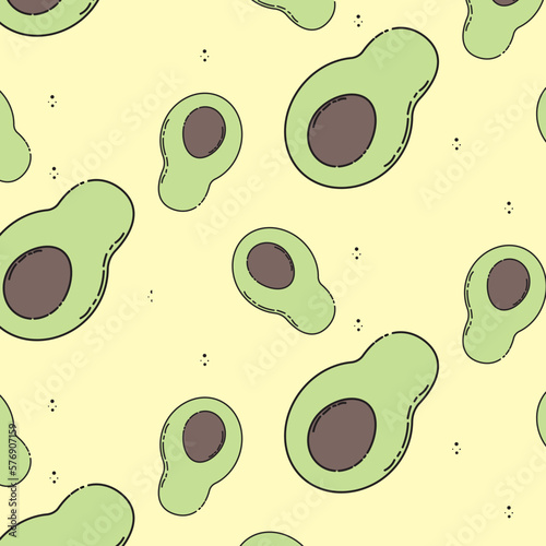 Cartoon avocado pattern on yellow background for t-shirt, cap, textile or any packaging or notebook cover. Vector illustration photo