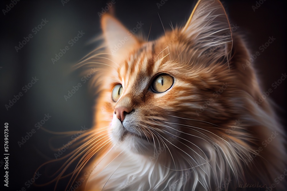 portrait of a cat, orange cat face looking left with copy space, generative AI