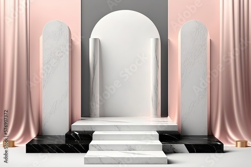 A posh beauty and fashion podium backdrop. Minimalist design with a marble and pink background. Generative AI
