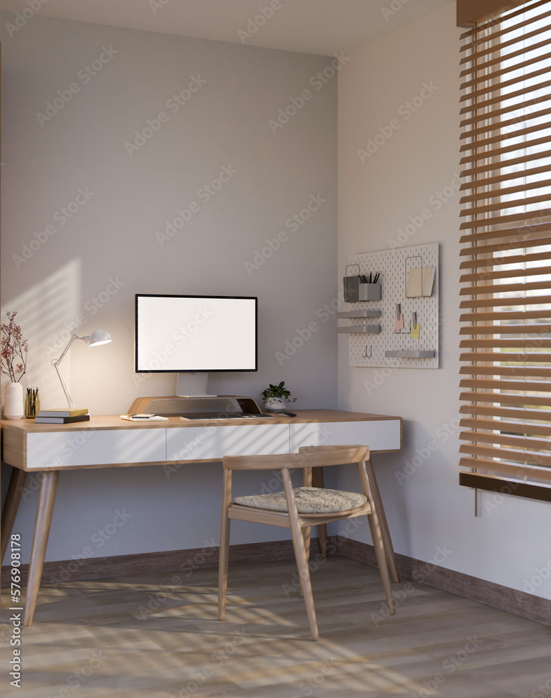 Cozy minimal home workspace interior design with PC computer mockup on table, wood armchair Cozy minimal home workspace interior design with PC computer mockup on table, wood armchair