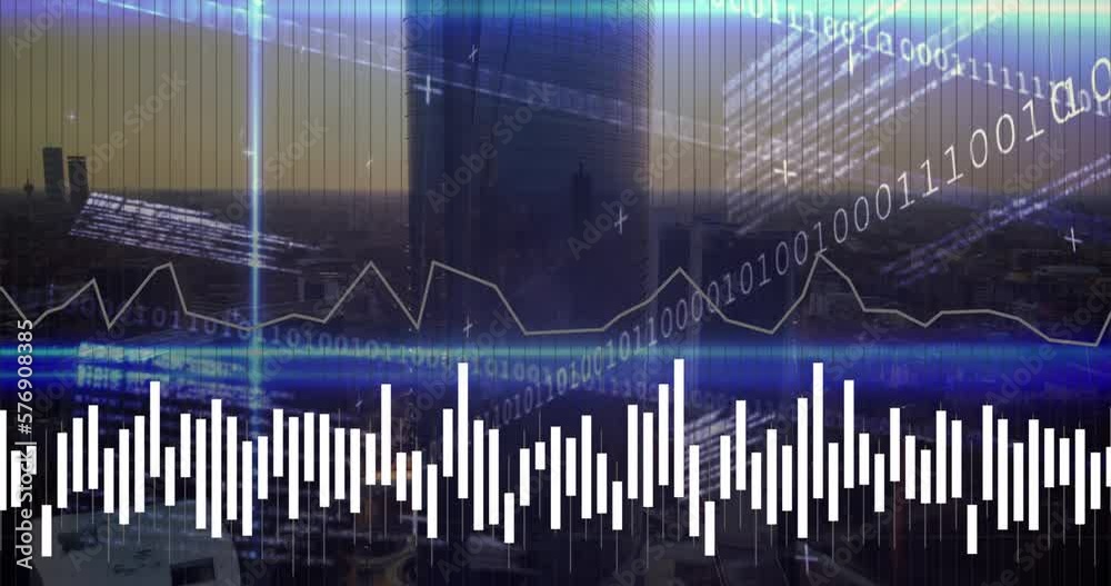 Animation of moving bar graphs with computer language over aerial view of cityscape at sunset Animation of moving bar graphs with computer language over aerial view of cityscape at sunset