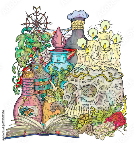 Wallpaper Mural Mystic styled illustration with occult, esoteric and gothic symbols, snake and pentagram against blue background, Halloween concept Torontodigital.ca