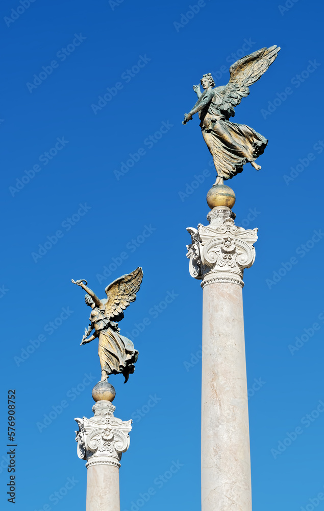 Winged Victory Statues at the Altar of the Fatherland, Altare della Patria, also known as the National Monument to Victor Emmanuel II, Rome Italy