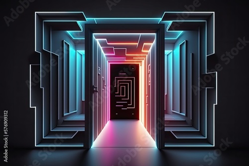 Abstract neon corridor or doorway leading into a futuristic environment. Neon lights, a subterranean entrance, and a modern black background. Roots in science fiction. Literal door or entrance metapho photo