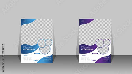 Travel flyer pamphlet brochure design layout space for photo background. Blue and Purple Travel flyer template for travel agency