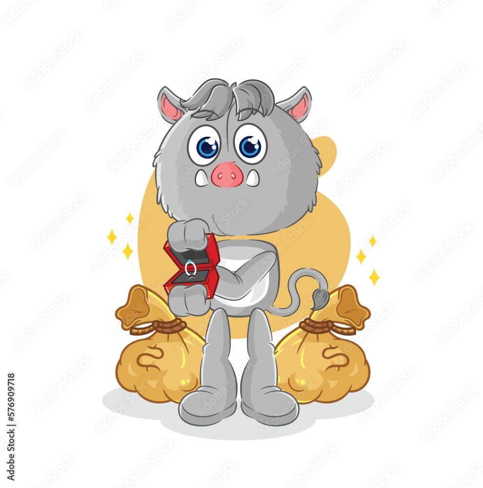 wild boar propose with ring. cartoon mascot vector