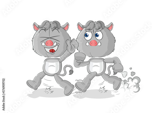 wild boar play chase cartoon. cartoon mascot vector
