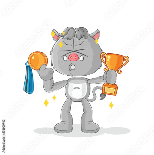 wild boar winner with trophie. cartoon character