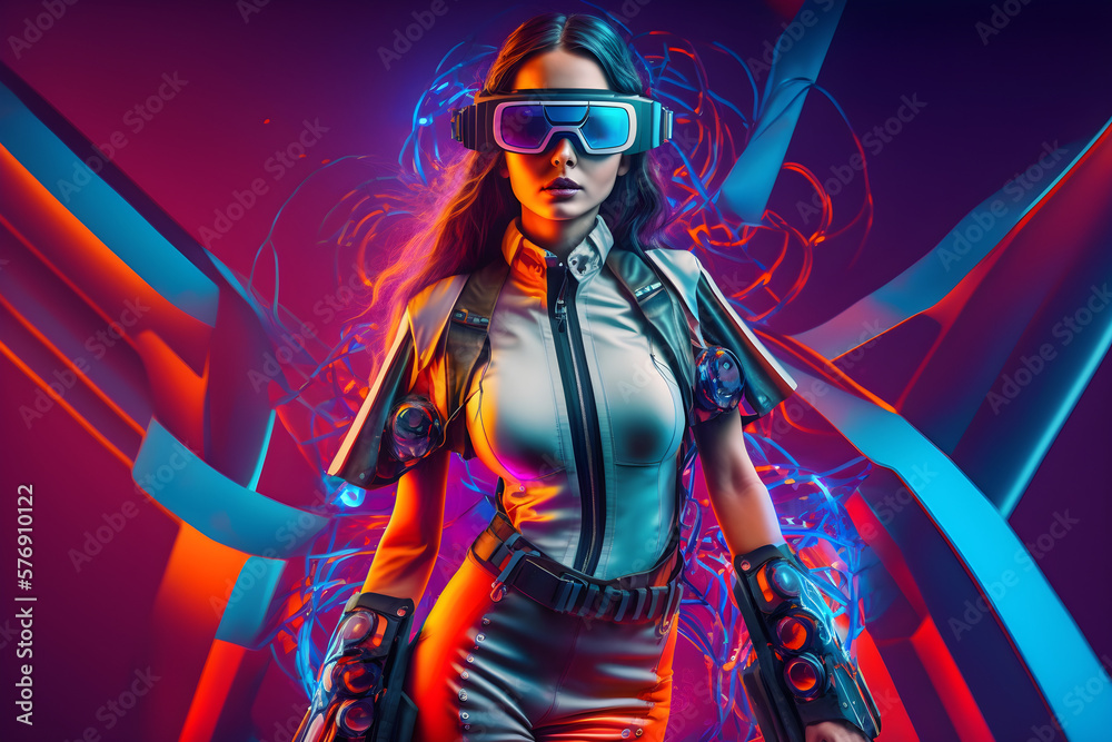 Metaverse technology concept. VR virtual digital reality cyber metaverse simulation with fictional woman wearing VR goggles playing augmented reality futuristic game. 3D rendering. Generative AI Metaverse technology concept. VR virtual digital reality cyber metaverse simulation with fictional woman wearing VR goggles playing augmented reality futuristic game. 3D rendering. Generative AI