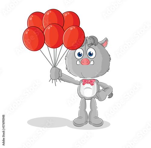 wild boar clown with balloons vector. cartoon character