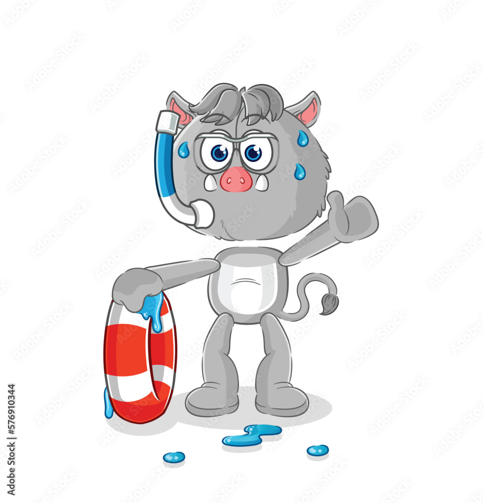 Naklejka premium wild boar swimmer with buoy mascot. cartoon vector