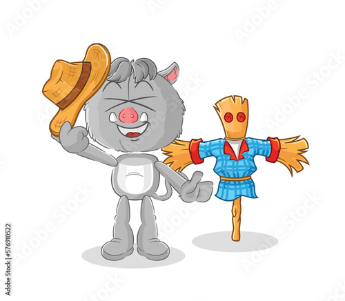wild boar with scarecrows cartoon character vector