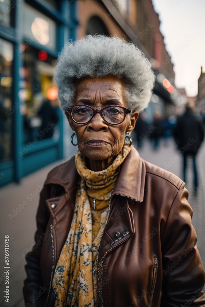 African American senior woman, modern clothes in the city. generate by ai
