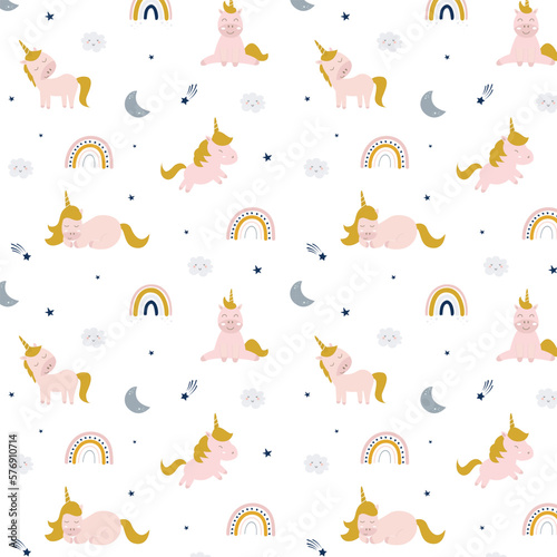Seamless baby pattern with unicorns, rainbows, clouds, stars and sparkles. Repeated texture with fairytale animals. Creative kids texture for fabric, wrapping, textile, wallpaper, apparel etc.