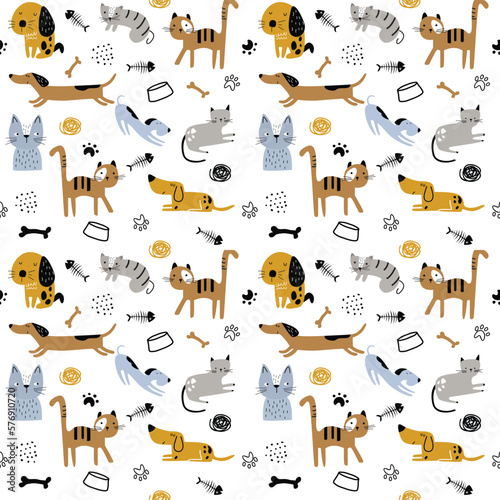 Fototapeta Naklejka Na Ścianę i Meble -  Seamless kids pattern with funny cats and dogs. Cute and simple childish repeated pattern. Creative kids texture for fabric, wrapping, textile, wallpaper, apparel etc.