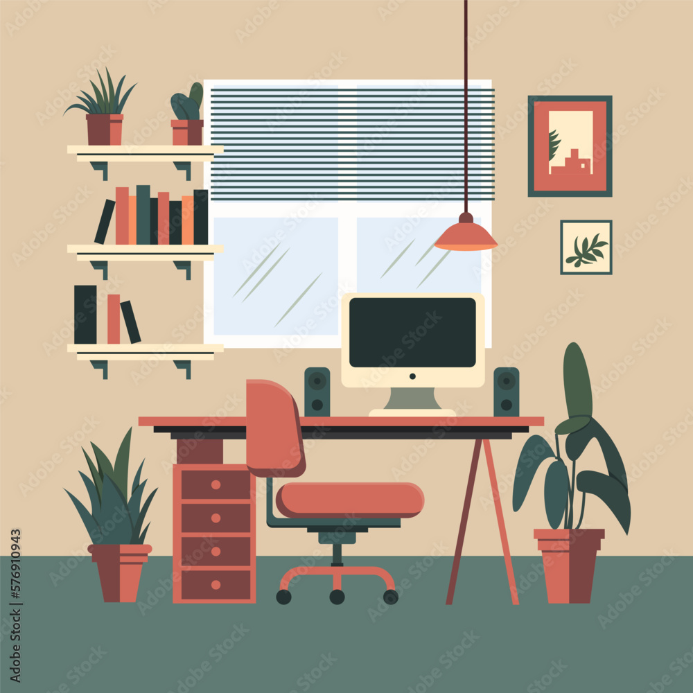Fototapeta premium Computer desk workplace concept, flat design vector illustration 