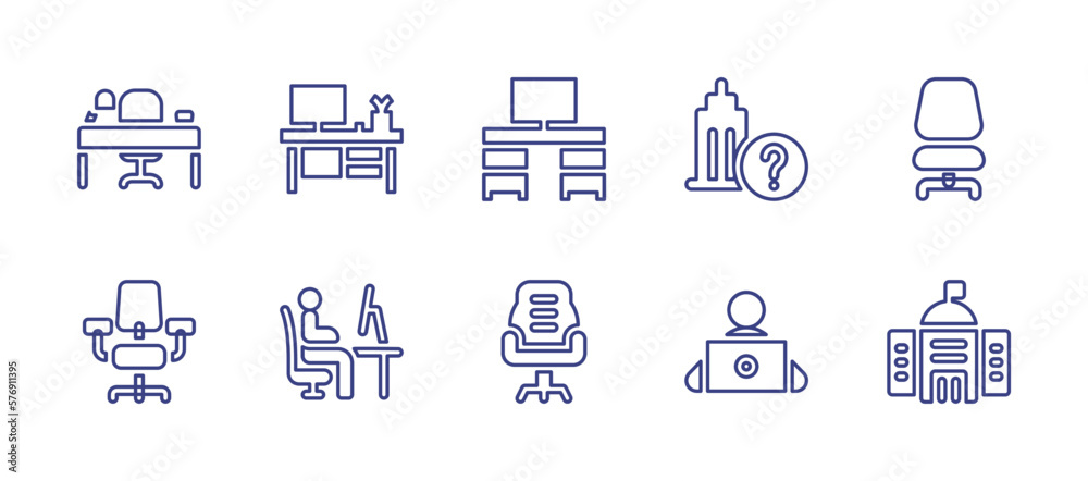 Office line icon set. Editable stroke. Vector illustration. Containing office table, desk, office desk, question mark, office chair, working at home, freelancer, government.