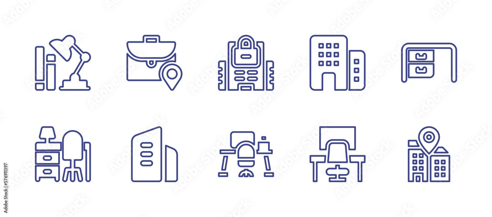 Office line icon set. Editable stroke. Vector illustration. Containing table lamp, pin, office, desk, building, workplace.