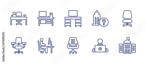 Office line icon set. Editable stroke. Vector illustration. Containing office table, desk, office desk, question mark, office chair, working at home, freelancer, government.