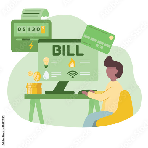 Sustainability illustration in flat style. Energy efficiency in household and industry. Person checks heating meter and pays household utility bill on website. Home energy efficiency audit concept.