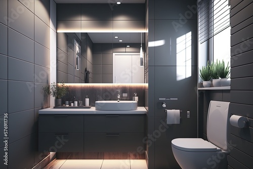 Modern bathroom with high end fixtures and floor to ceiling tile. Generative AI