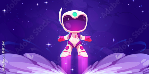 Vector cartoon game background with cosmonaut character fly up in flame. Spaceman takeoff from fire in videogame. Galaxy mission with interstellar robot in white suit and helmet