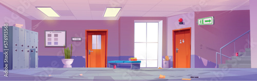 School hallway interior with classroom doors, lockers, staircase and window. Empty dirty university or college corridor with mess and trash on floor, vector cartoon illustration
