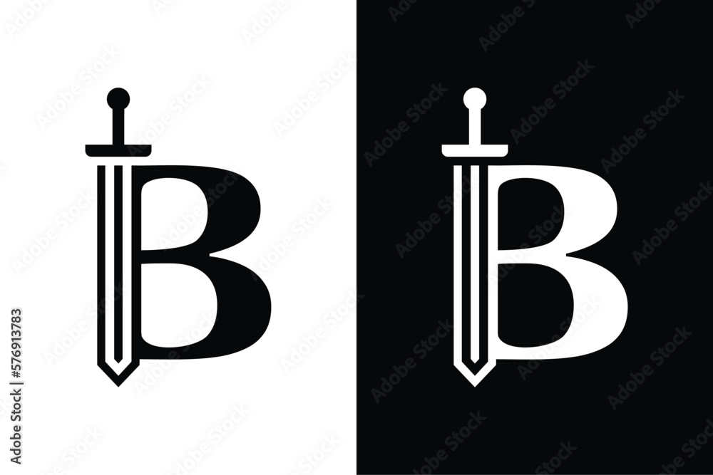 Letter B with sword combination concept on black and white background. Very suitable for symbol, logo, company name, brand name, personal name, icon and many more.