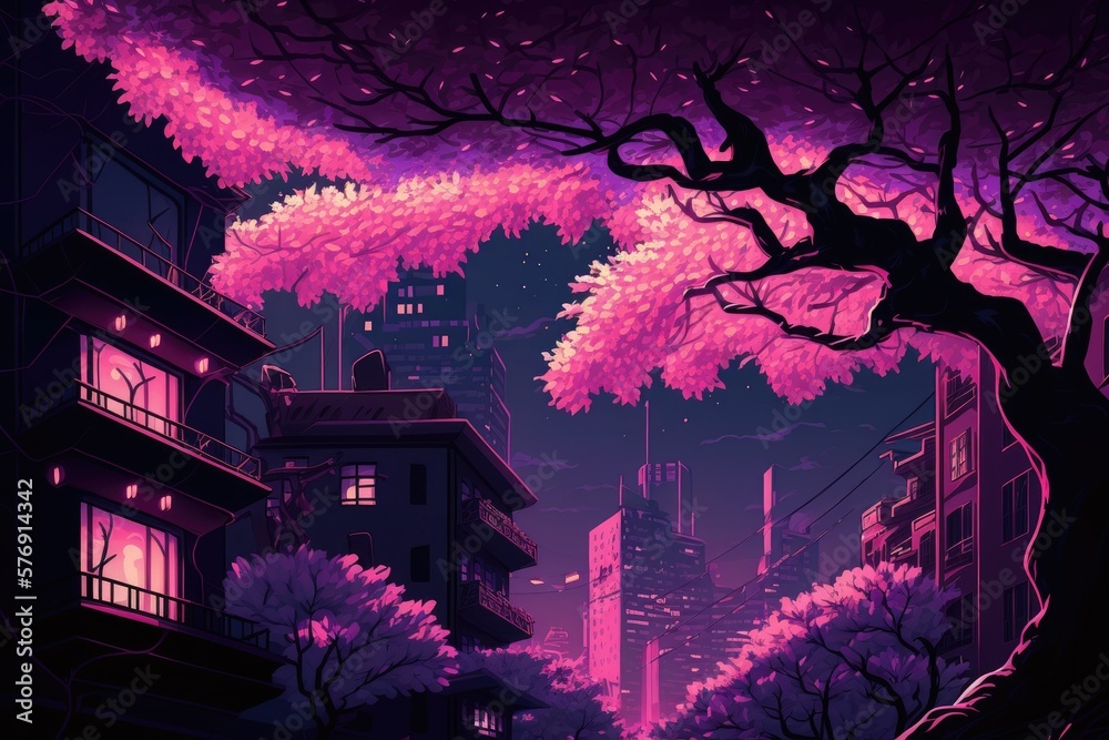 Fantasy Japanese cityscape at night with neon pink lights